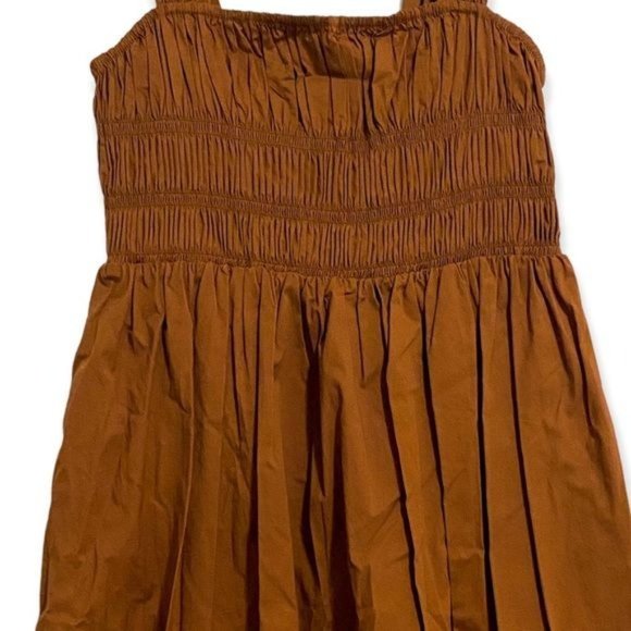 NWT Staud Ida Smocked Cotton Midi Dress, Color Tan, Size L - Picture 4 of 13